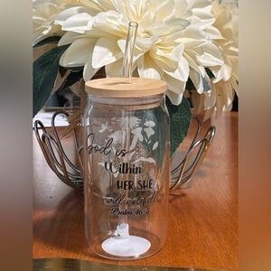 Inspirational Drinking Glass with Bamboo Lid and Glass Straw- Clear